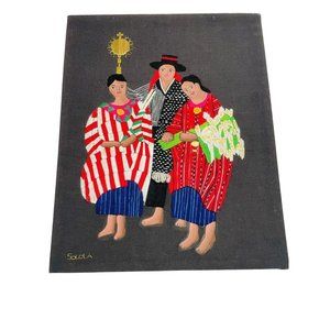 Solola Black Stretched Folk Art Embroidered Spanish Textile Frameless Picture
